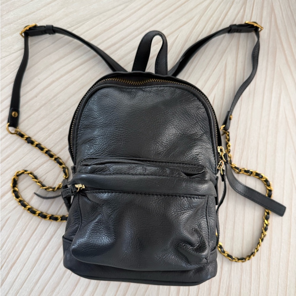 Rabeanco Mini Backpack – Black Pebbled Leather with Gold Chain Strap